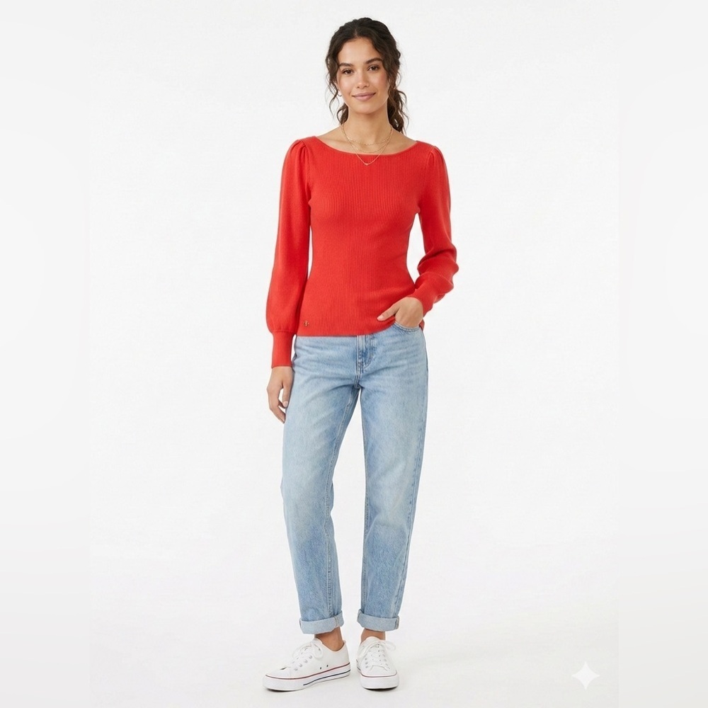 Lauren Ralph Lauren Ribbed Knit Sweater Medium Orange Fitted Top